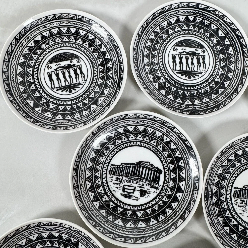 Vintage Greek Black and White Demitasse Cups and Saucers Set Greek Key Parthenon
